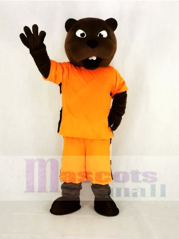 Beaver Mascot Costume in Orange Shirt and Shorts
