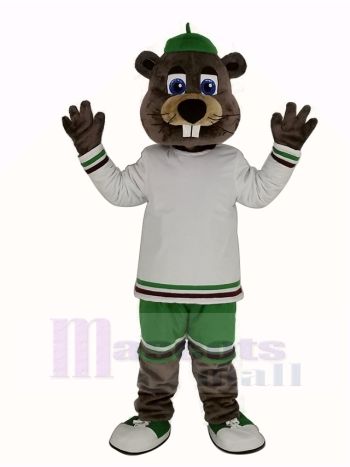 Beaver Mascot Costume in White and Green Hockey Jersey