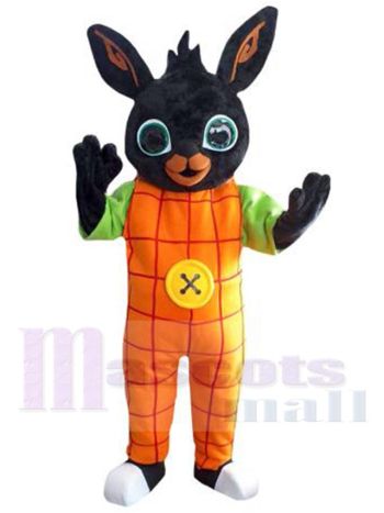 Black Rabbit Mascot Costume in Orange Dungarees