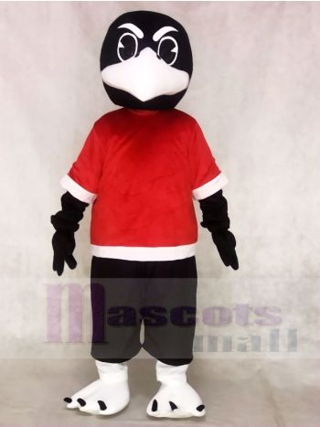 Black Raven Mascot Costume in Red Shirt and Black Pants