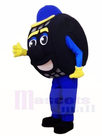 Black Tire Mascot Costume with Blue Cap