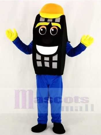 Black Tire Mascot Costume with Yellow Hard Hat