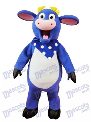 Blue Bull Mascot Costume with White Belly and Yellow Horns