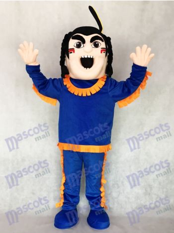 Blue Fringed Outfit Mascot Costume with Feathered Braids