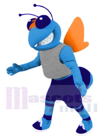 Blue Hornet Mascot Costume in Grey Vest and Navy Shorts