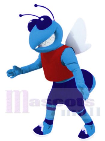 Blue Hornet Mascot Costume in Red Vest and Navy Shorts