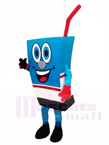 Blue Juice Box Mascot Costume with Red Straw