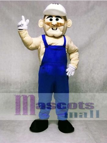 Blue Overalls Miner Mascot Costume with White Hard Hat