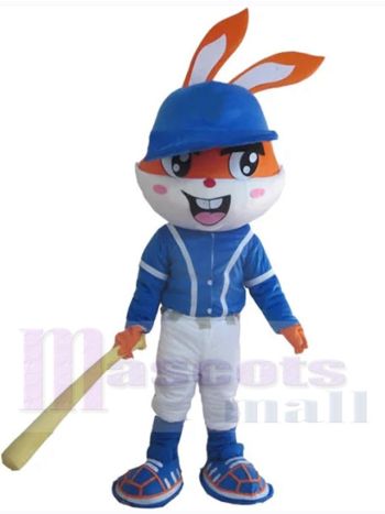 Blue Rabbit Mascot Costume in Baseball Cap and Jersey with Bat