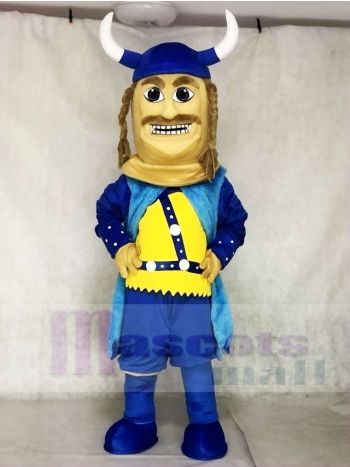Blue Viking Mascot Costume with Yellow Helmet