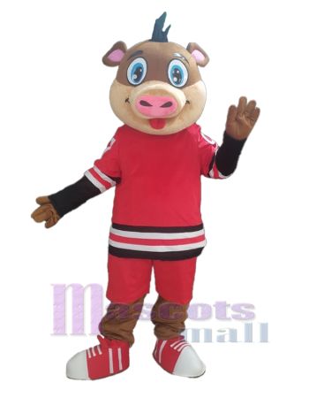 Boar Mascot Costume with Red Hockey Jersey