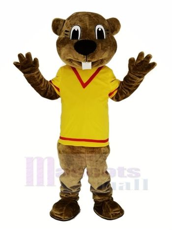 Brown Beaver Mascot Costume with Yellow Shirt