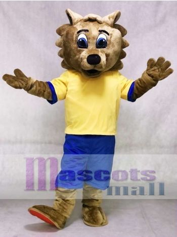 Brown Bobcat Mascot Costume in Yellow Shirt and Blue Shorts