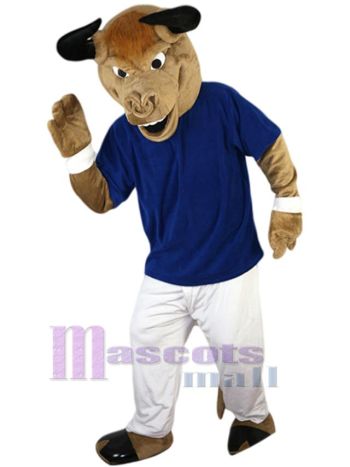 Brown Bull Mascot Costume in Navy T-Shirt and White Pants