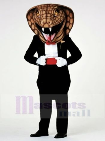 Brown Cobra Snake Mascot Costume in Black Suit with Red Tie