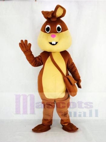 Brown Easter Bunny Mascot Costume with Yellow Belly and Shoulder Bag