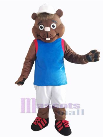 Brown Groundhog Mascot Costume in Blue Overalls