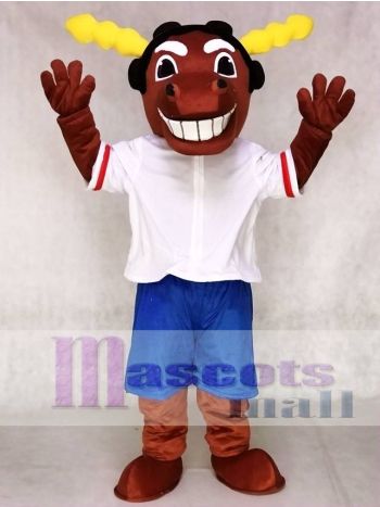 Brown Moose Mascot Costume in White T-Shirt and Blue Shorts
