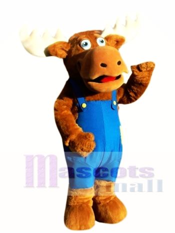 Brown Moose Mascot Costume with Blue Overalls