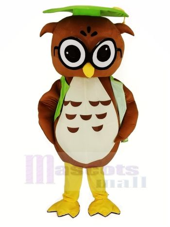 Brown Owl Mascot Costume with Green Graduation Cap and Vest