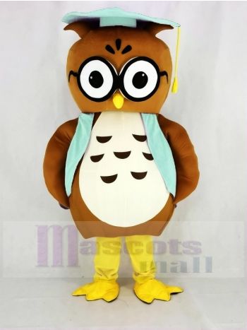 Brown Owl Mascot Costume with Mint Graduation Cap and Vest