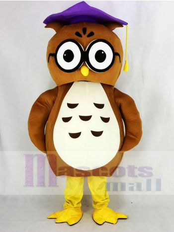 Brown Owl Mascot Costume with Purple Graduation Cap