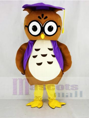 Brown Owl Mascot Costume with Purple Graduation Cap and Vest