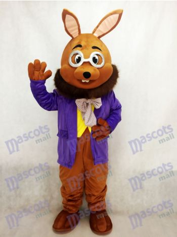 Brown Rabbit Mascot Costume with Glasses and Purple Tuxedo