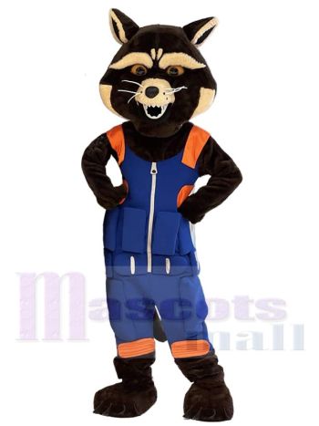 Brown Raccoon Mascot Costume in Blue Jumpsuit with Orange Trim