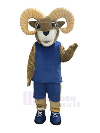 Brown Ram Mascot Costume in Dark Blue Jersey with Yellow Stripe