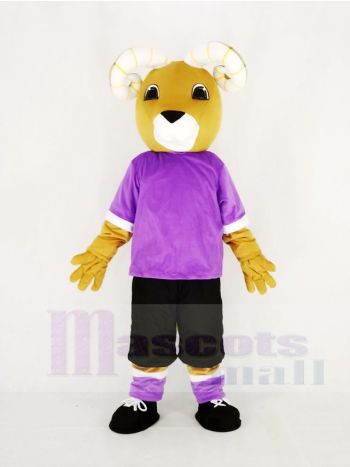 Brown Ram Mascot Costume in Purple T-Shirt and Black Shorts