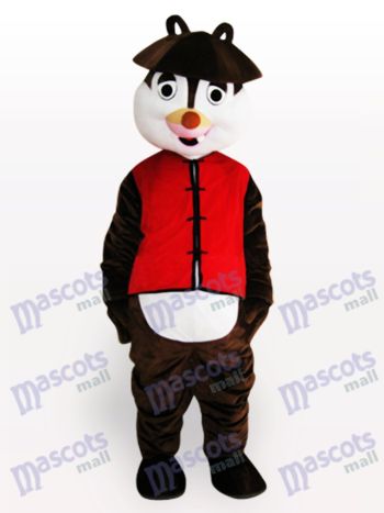 Brown Squirrel Mascot Costume in Red Vest and Black Cap