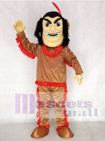 Brown Tribal Warrior Mascot Costume with Red Feather