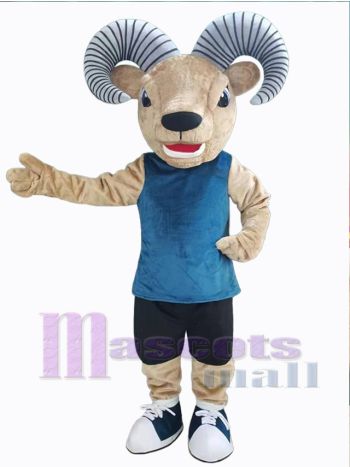 Cartoon Ram Mascot Costume in Teal Jersey with Striped Horns