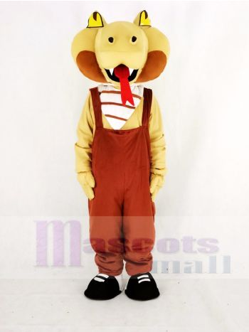 Cartoon Tan Cobra Snake Mascot Costume in Brown Overalls