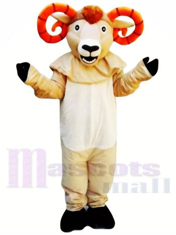 Cream Ram Mascot Costume with Orange Horns and Shoulder Cape