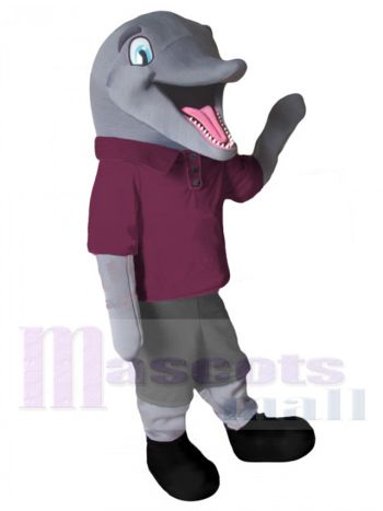 Dolphin Mascot Costume in Maroon Polo Shirt