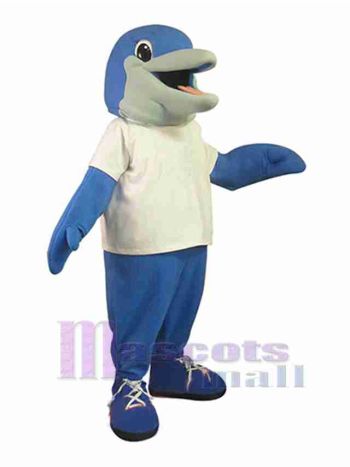 Dolphin Mascot Costume in White T-Shirt and Blue Pants