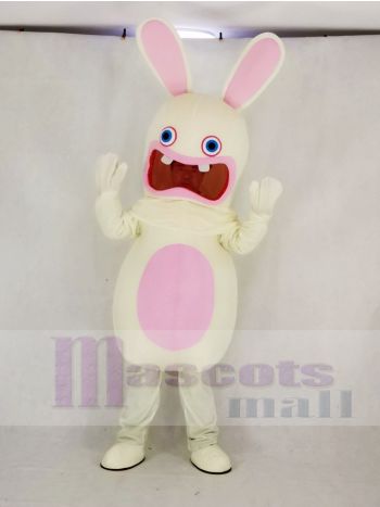 Goofy White Rabbit Mascot Costume with Big Grin and Pink Belly