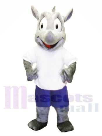 Gray Rhino Mascot Costume in White Shirt and Shorts