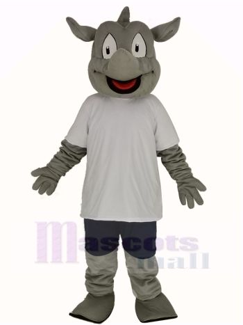 Gray Rhino Mascot Costume in White T-Shirt and Gray Pants