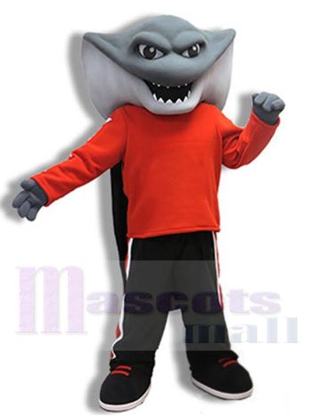 Gray Shark Mascot Costume in Red Shirt and Black Pants