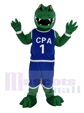 Green Alligator Mascot Costume in Blue Jersey