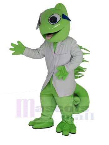 Green Chameleon Lizard Mascot Costume in White Lab Coat