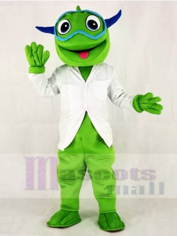Green Chameleon Mascot Costume with Blue Goggles and White Coat