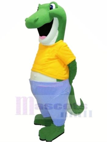 Green Crocodile Mascot Costume in Yellow T-Shirt and Blue Overalls