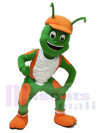 Green Insect Mascot Costume in White Tank Top and Orange Sweatband