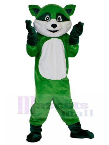Green Raccoon Mascot Costume with White Muzzle and Ringed Tail