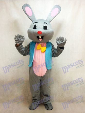 Grey Easter Bunny Mascot Costume in Blue Vest