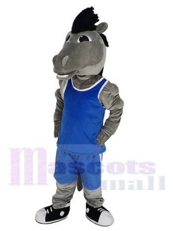 Grey Mustang Mascot Costume with Royal Blue Jersey